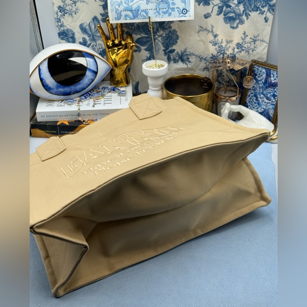 🆕 GANNI 🧿 NWOT Large Easy Shopper Tote Bag, Beige Canvas & Beige Embroidery - Picture 11 of 14